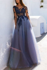 Long Sleeves Tulle Prom Dress Jewel Neck Navy Blue Aline Evening Dress