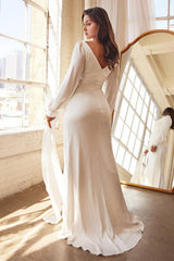 Cinderella Divine CD7478W Long Sleeve Wedding Long Dress
