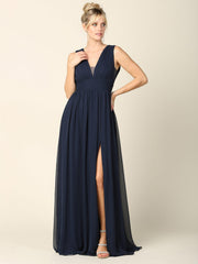 Long Sleeveless Formal Bridesmaids V Neck Dress
