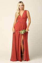 Long Sleeveless Formal Bridesmaids V Neck Dress