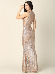 Long Sleeveless Formal Fitted Sequins Dress