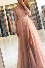 Long Sleeves A-Line Prom Dress with Lace Split