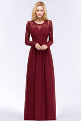 Long Sleeves Burgundy Bridesmaid Dress Chiffon Aline Wedding Guest Dress