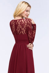 Long Sleeves Burgundy Bridesmaid Dress Chiffon Aline Wedding Guest Dress