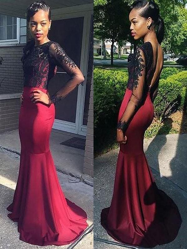 Long Sleeves Bateau Satin With Lace Sweep/Brush Train Dresses
