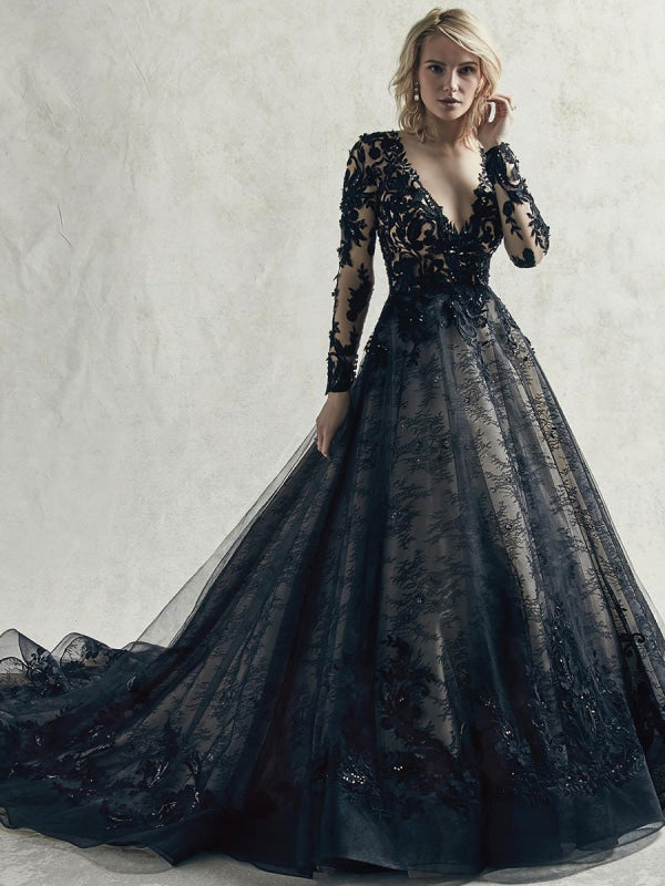 Long Sleeves Black Wedding Dresses Lace Princess Court Train Bridal Gown