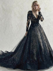 Long Sleeves Black Wedding Dresses Lace Princess Court Train Bridal Gown