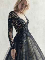 Long Sleeves Black Wedding Dresses Lace Princess Court Train Bridal Gown