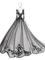 Long Sleeves Black Wedding Dresses Lace Princess Court Train Bridal Gown