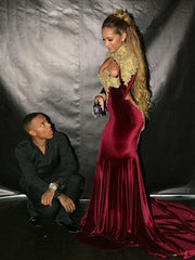 Long Sleeves High Neck Court Train With Applique Velvet Dresses