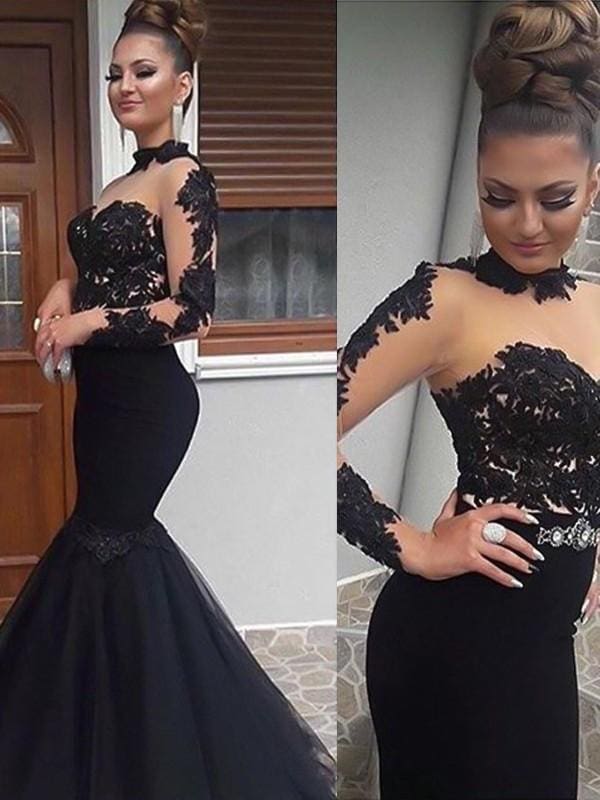 Long Sleeves High Neck Floor-Length With Applique Tulle Dresses
