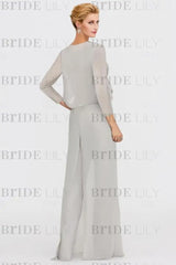 Long Sleeves Lace Appliques Chiffon Mother of Bride Dress Jumpsuit