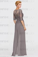 Long Sleeves Lace Appliques Chiffon Mother of Bride Dress Jumpsuit