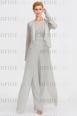 Long Sleeves Lace Appliques Chiffon Mother of Bride Dress Jumpsuit