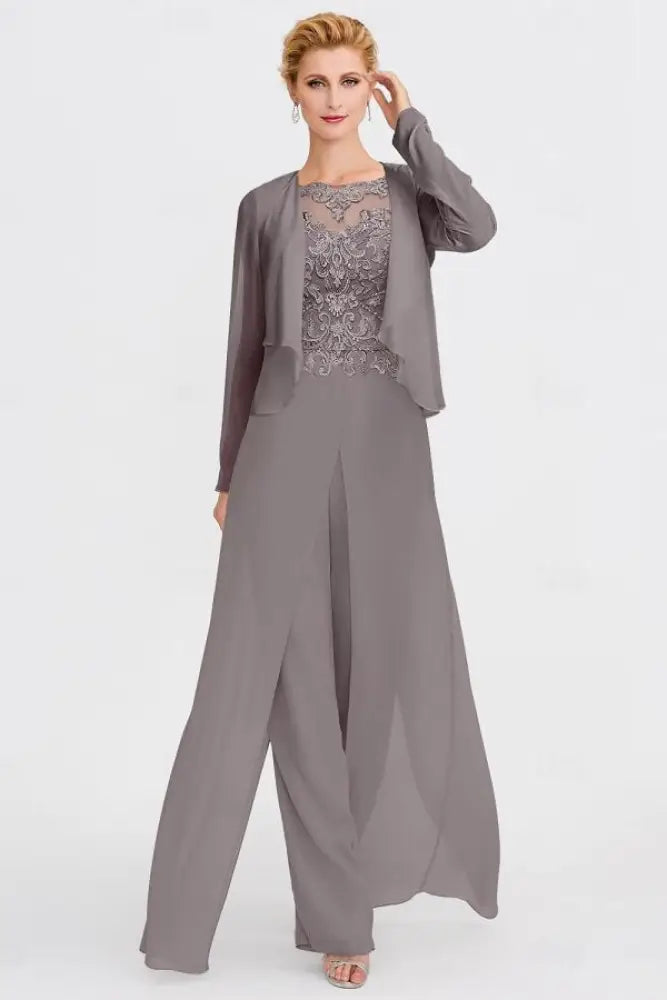Long Sleeves Lace Appliques Chiffon Mother of Bride Dress Jumpsuit