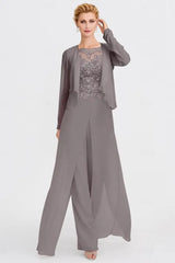 Long Sleeves Lace Appliques Chiffon Mother of Bride Dress Jumpsuit