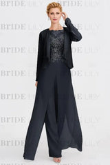 Long Sleeves Lace Appliques Chiffon Mother of Bride Dress Jumpsuit