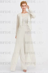 Long Sleeves Lace Appliques Chiffon Mother of Bride Dress Jumpsuit