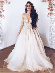 Long Sleeves Lace Appliques Light Champagne Tulle Wedding Dress