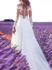 Long Sleeves Lace Wedding Dresses V Neck Appliqued Buttons Chiffon Bridal Gowns