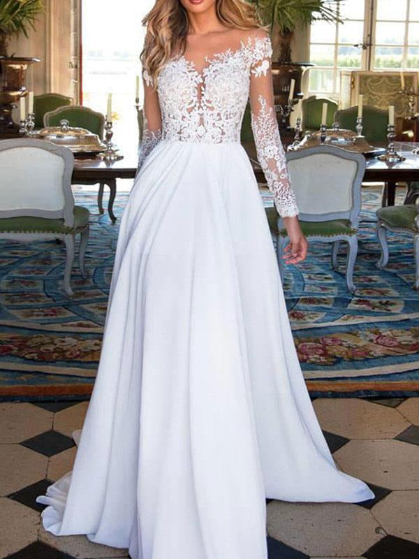 Long Sleeves Lace Wedding Dresses V Neck Appliqued Buttons Chiffon Bridal Gowns