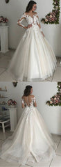 Long Sleeves Lace White Wedding Dresses Tulle Aline Bridal Gown