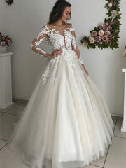 Long Sleeves Lace White Wedding Dresses Tulle Aline Bridal Gown