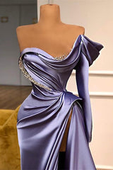 Long Sleeves Mermaid One Shoulder Satin Evening Prom Dress with Split