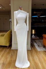 Long Sleeves Mermaid Prom Dress Satin Evening Dress White