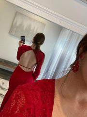 Long Sleeves Mermaid Red Lace Prom Dresses Beaded Evening Dresses