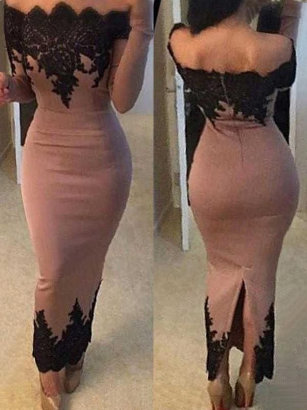 Long Sleeves Off-The-Shoulder Ankle-Length With Applique Satin Dresses