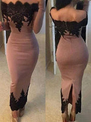 Long Sleeves Off-The-Shoulder Ankle-Length With Applique Satin Dresses