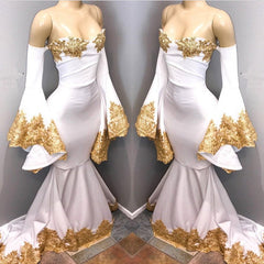 Long Sleeves Prom Party Gowns with gold appliques, mermaid evening dress