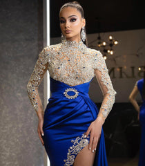 Long sleeves Royal blue High split Sparkle beaded Prom Dresses