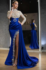 Long sleeves Royal blue High split Sparkle beaded Prom Dresses