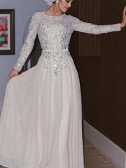 Long Sleeves Scoop A-line Floor-Length Crystal Chiffon Muslim Dresses