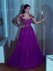 Long Sleeves Scoop Sweep/Brush Train With Applique Organza Dresses