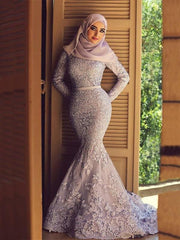 Long Sleeves Scoop Sweep/Brush Train With Ruffles Lace Muslim Dresses