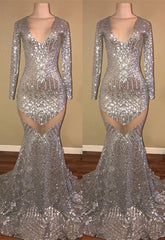 Long Sleeves Sequins Prom Party Gowns| Mermaid V-Neck Evening Gowns