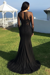 Long Sleeves Sweep/Brush Train Black Prom Dresses With Lace Appliques