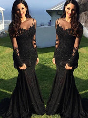 Long Sleeves Sweep/Brush Train Black Prom Dresses With Lace Appliques