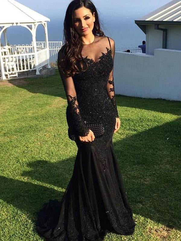Long Sleeves Sweep/Brush Train Black Prom Dresses With Lace Appliques