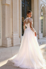 Long Sleeves Tulle Lace Aline Wedding Dress Appliques Long Bridal Gown