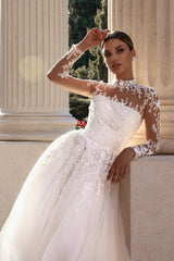 Long Sleeves Tulle Lace Aline Wedding Dress Appliques Long Bridal Gown