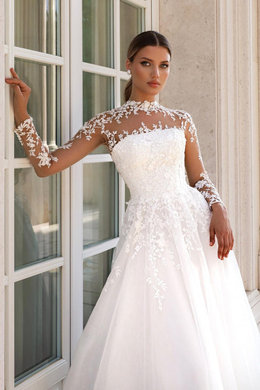 Long Sleeves Tulle Lace Aline Wedding Dress Appliques Long Bridal Gown