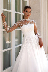 Long Sleeves Tulle Lace Aline Wedding Dress Appliques Long Bridal Gown