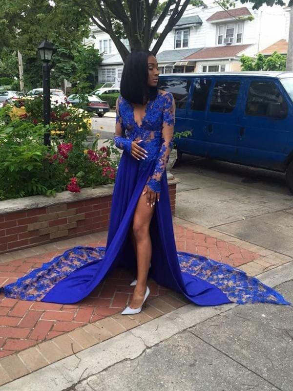 Long Sleeves V-Neck A-line Court Train With Applique Satin Dresses