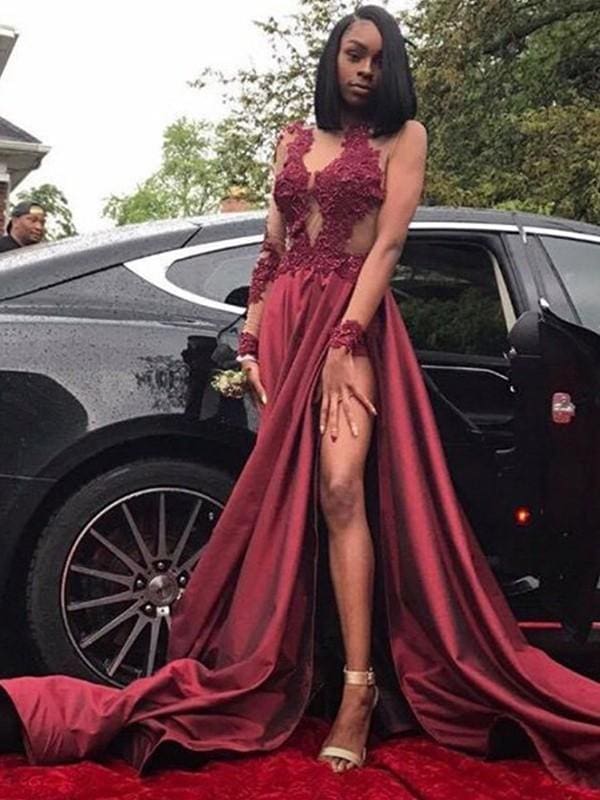 Long Sleeves V-Neck Sweep/Brush Train With Applique Satin Dresses