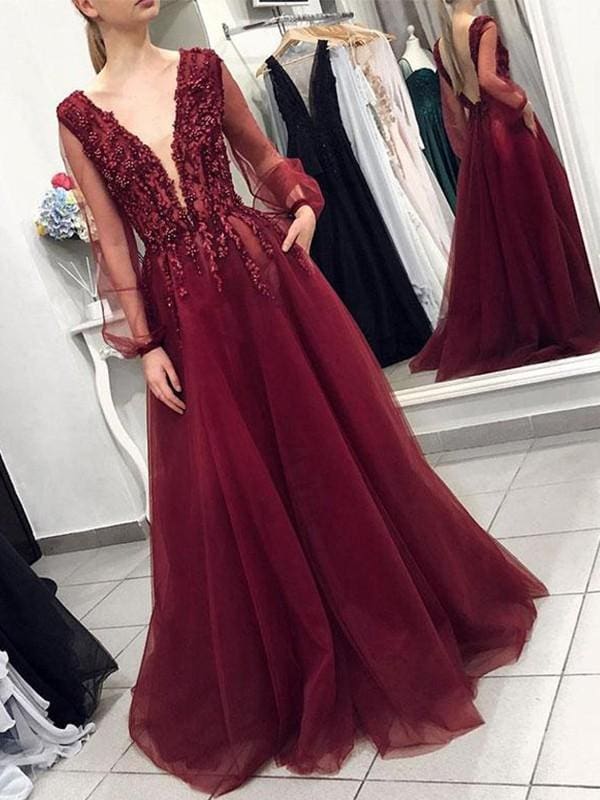 Long Sleeves V-Neck Sweep/Brush Train With Applique Tulle Dresses