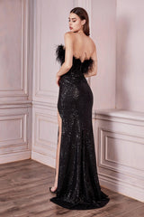 Cinderella Divine CH147 Long Strapless Feathered Prom Dress